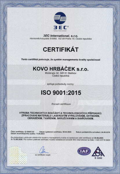 Certifikát ISO 9001:2015 český
