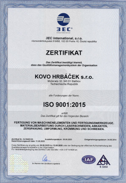 Certifikát ISO 9001:2015 německý