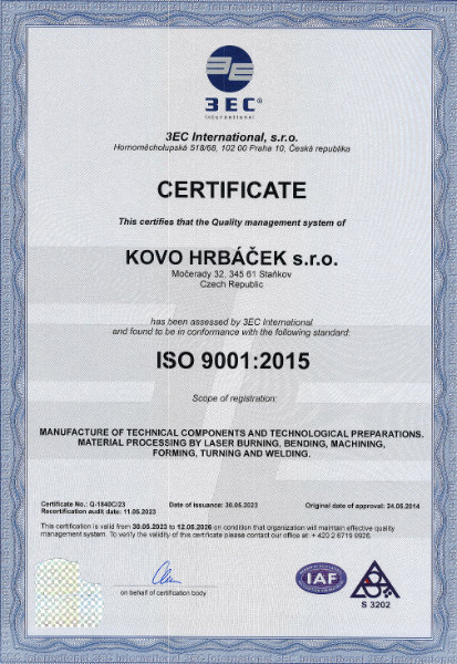 Certifikát ISO 9001:2015 anglický
